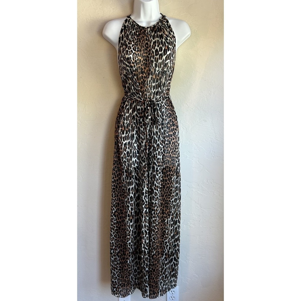 Vintage 70s Vanity Fair Nylon Tricot Leopard Print Maxi Slip Dress M Gown Tie